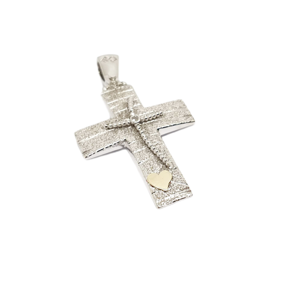 White gold cross k14 with a golen heart  (code GP1841)